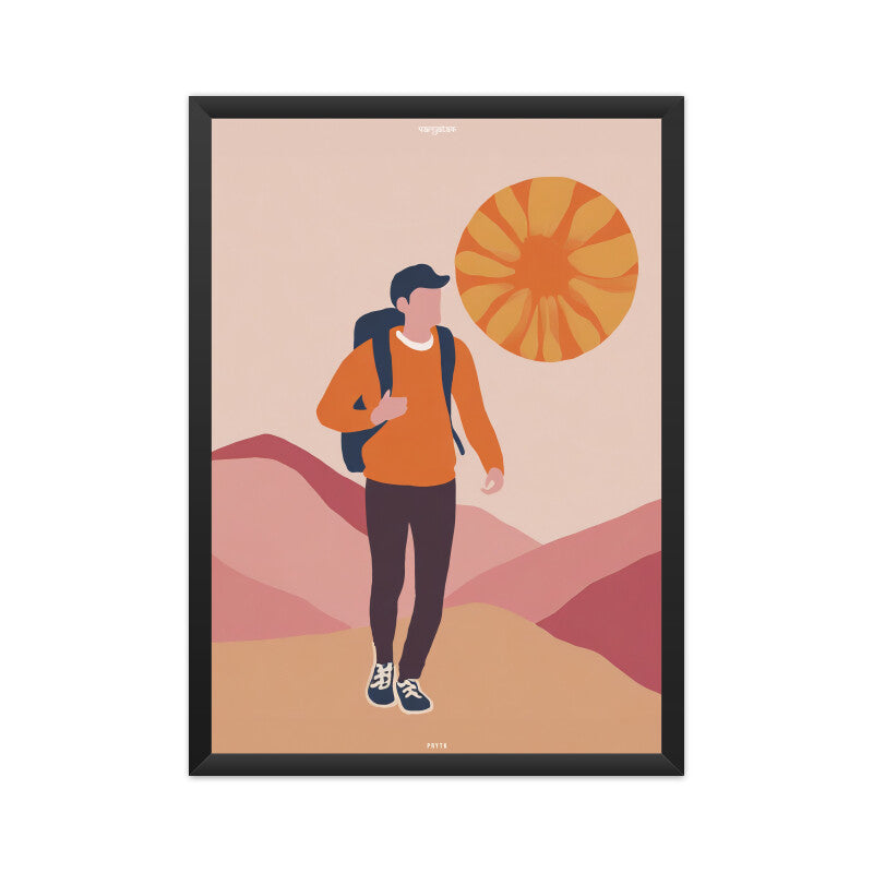 Backpacker Walking on the Mountain at Sunrise Poster