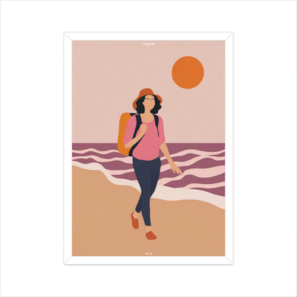 Backpacker Walking on the Beach at Sunset Poster