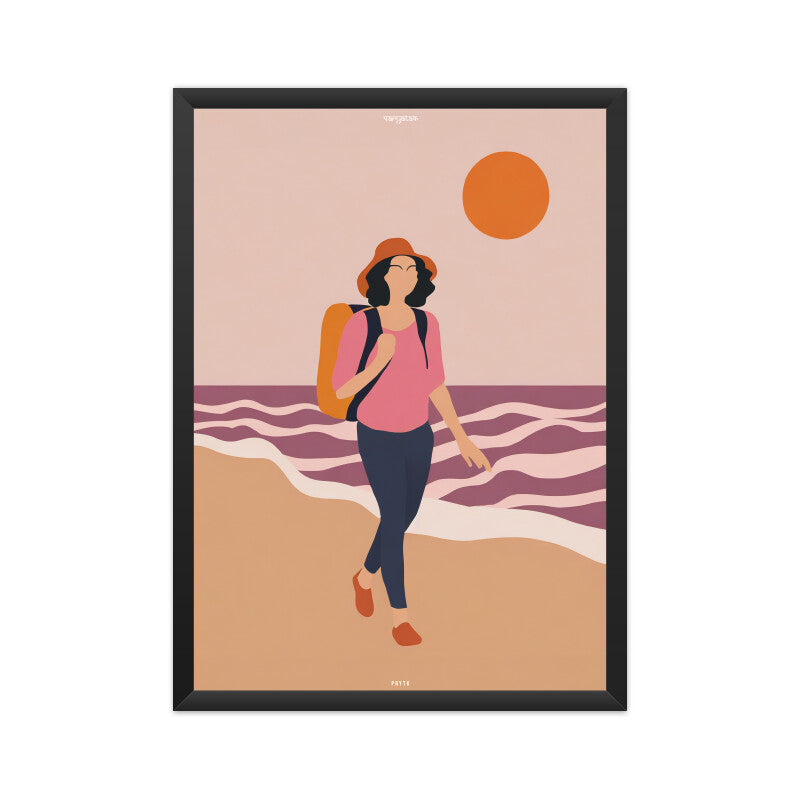 Backpacker Walking on the Beach at Sunset Poster