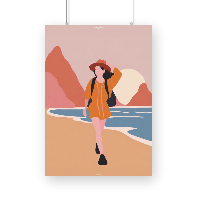 Backpacker Walking on the Beach at Sunrise Poster