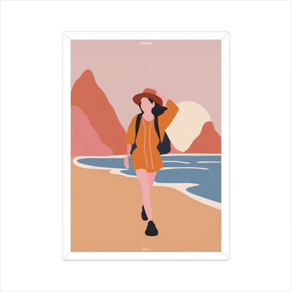 Backpacker Walking on the Beach at Sunrise Poster