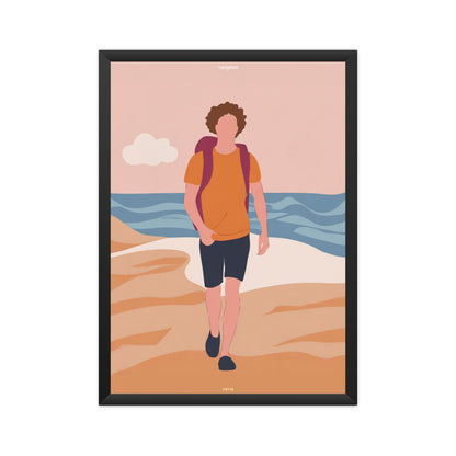 Backpacker Walking on the Beach with Cloud Poster
