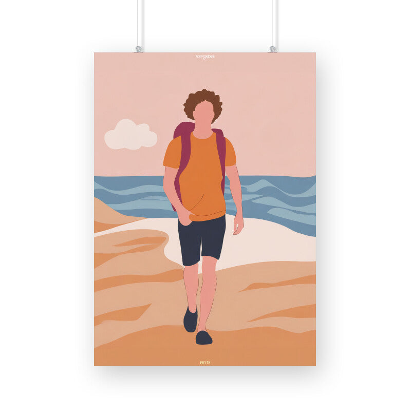 Backpacker Walking on the Beach with Cloud Poster