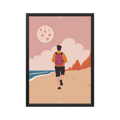 Backpacker Walking on the Beach with Moon Poster