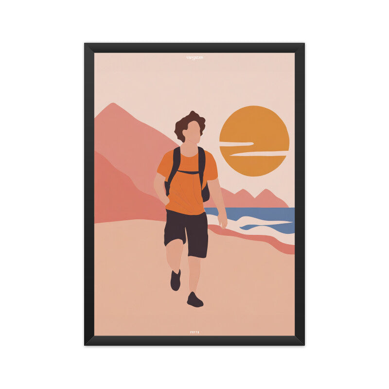 Backpacker Walking on the Beach with Sun Poster