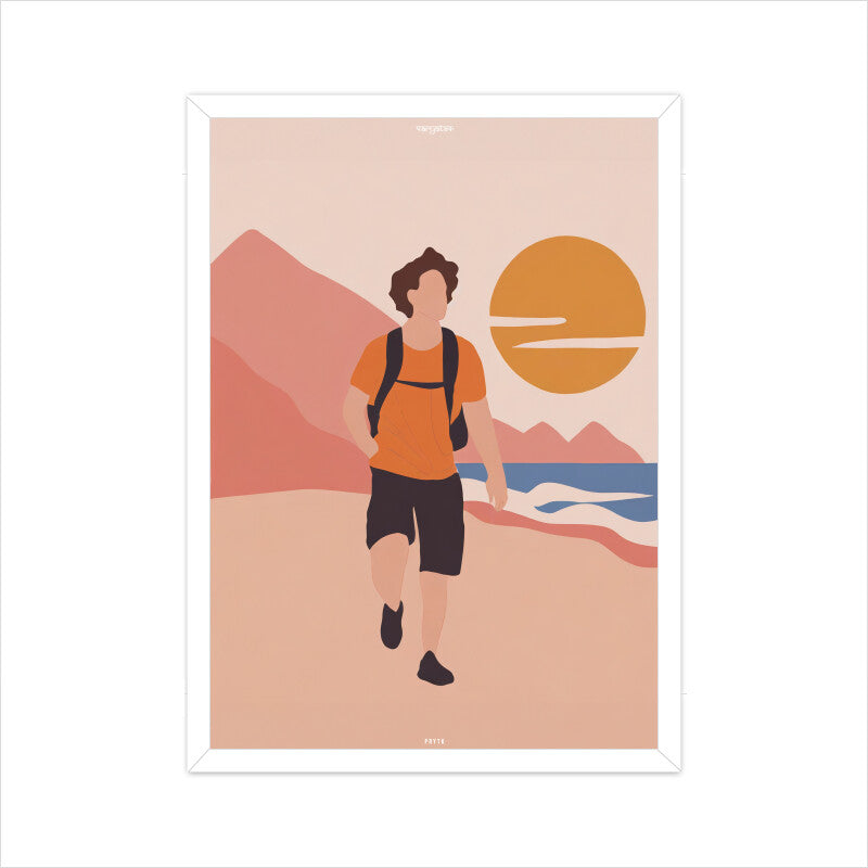 Backpacker Walking on the Beach with Sun Poster