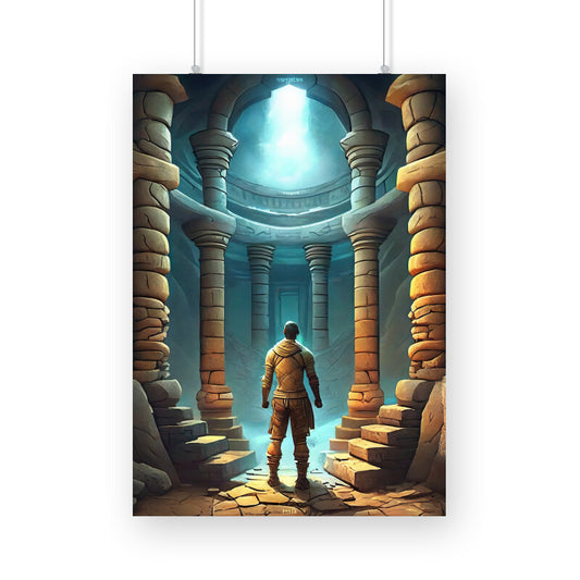 Explorer Man at Ancient Stone Temple Poster