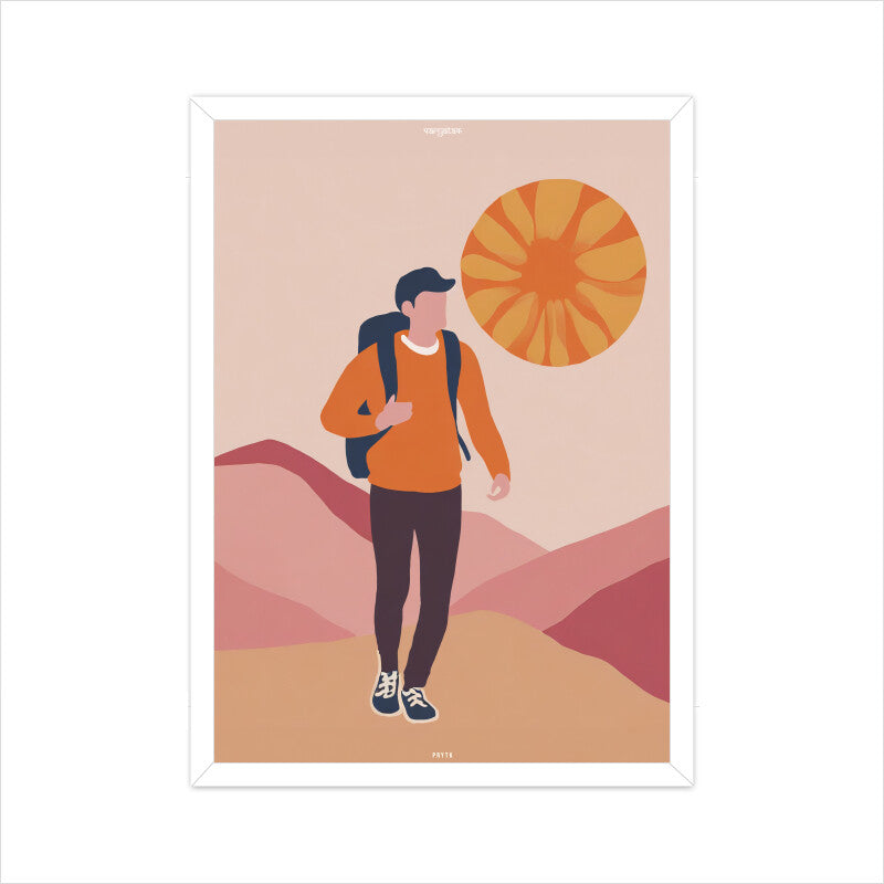 Backpacker Walking on the Mountain at Sunrise Poster