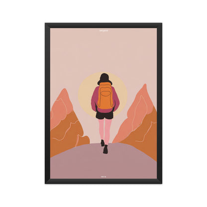 Backpacker Walking on the Mountain with Sun Poster
