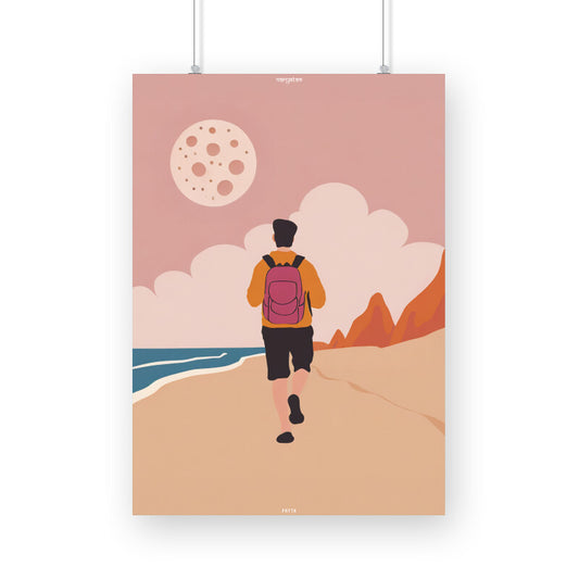 Backpacker Walking on the Beach with Moon Poster