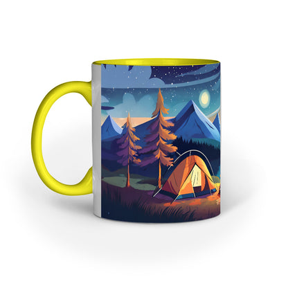 Night Camping with Tent and Campfire Printed Mug
