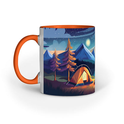 Night Camping with Tent and Campfire Printed Mug